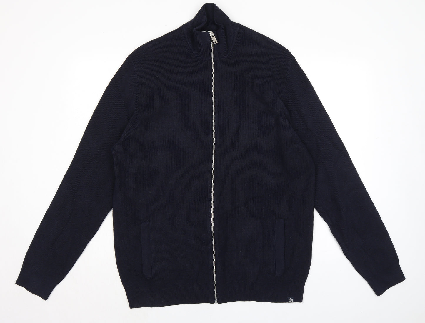 Marks and Spencer Mens Blue Mock Neck Polyester Full Zip Jumper Size 2XL Long Sleeve - Ribbed