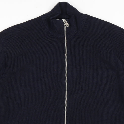 Marks and Spencer Mens Blue Mock Neck Polyester Full Zip Jumper Size 2XL Long Sleeve - Ribbed