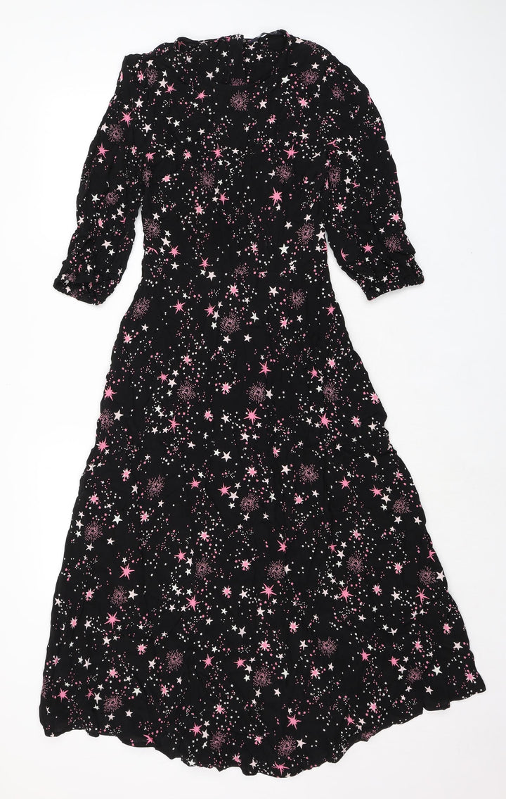 Marks and Spencer Womens Black Geometric Viscose A-Line Size 6 Round Neck Zip - Fireworks