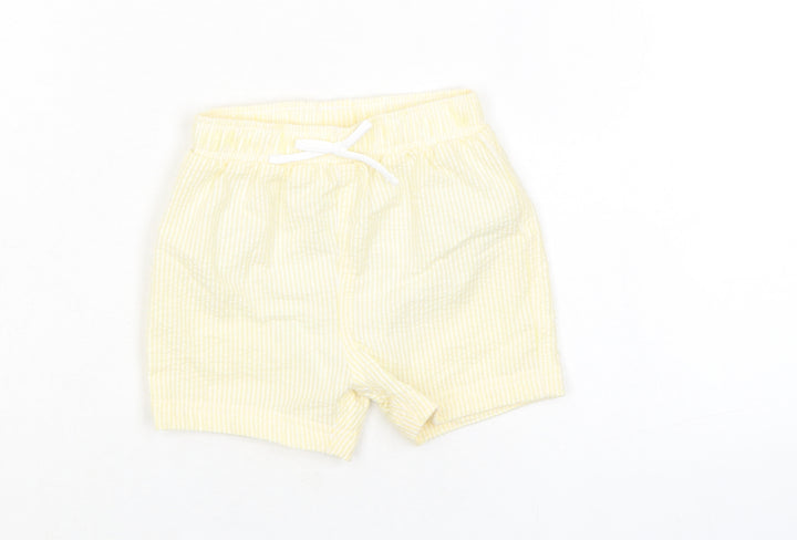 Marks and Spencer Baby Yellow Striped Cotton Cropped Trousers Size 9-12 Months Drawstring - Shorts