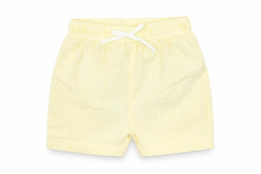 Front view of Marks & Spencer Baby Yellow Striped Cotton Cropped Trousers, size 9-12, Months Drawstring - Shorts