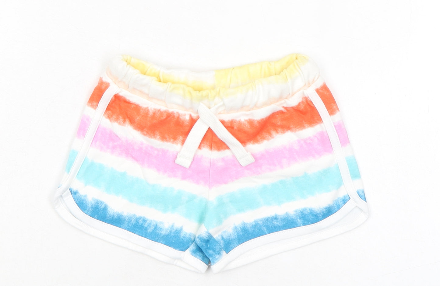 Marks and Spencer Girls Multicoloured Striped 100% Cotton Sweat Shorts Size 2-3 Years Regular Drawstring - Tie Dye, Waist 18in Inside Leg 2in