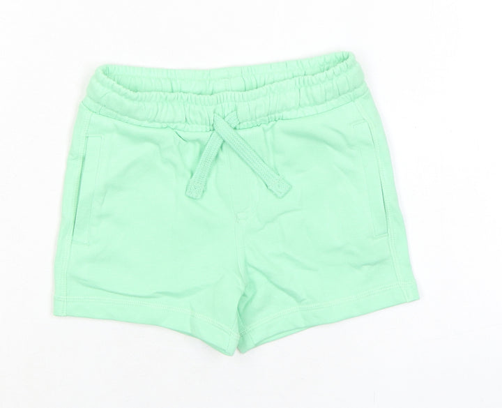 Marks and Spencer Boys Green Cotton Sweat Shorts Size 2-3 Years Regular Drawstring - Waist 20in Inside Leg 2.5in