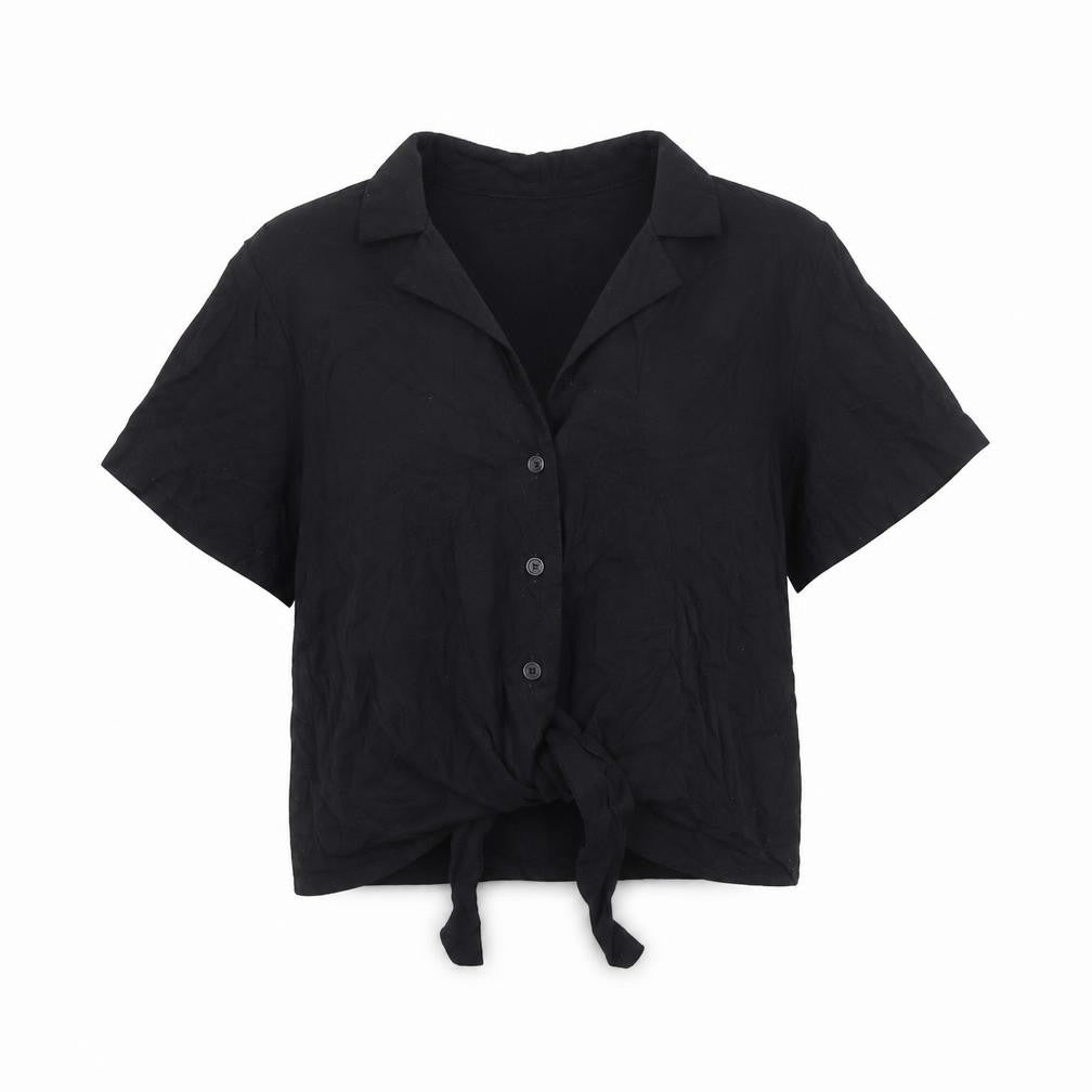 Front view of Divided by H&M women’s black viscose basic button-up, size UK 4, collared