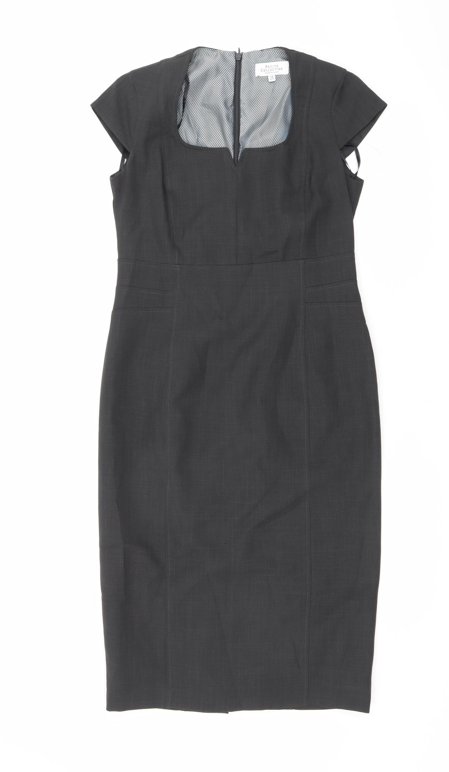 Debenhams Womens Grey Polyester Pencil Dress Size 10 Square Neck Zip