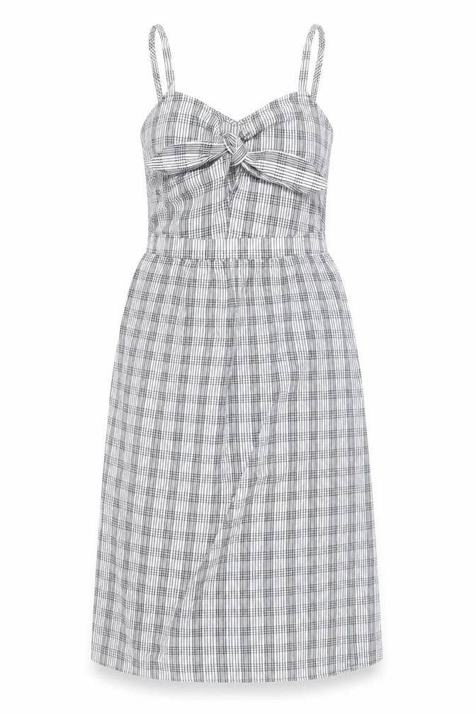 Front view of Miss Selfridge women’s black plaid polyester a-line, size UK 8, v-neck pullover