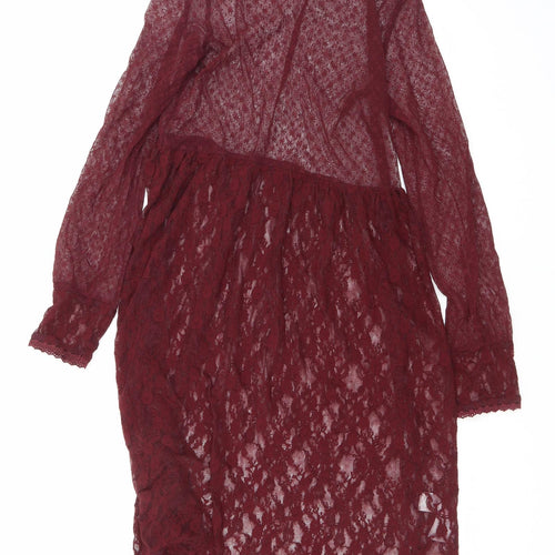 New Look Womens Purple Floral Nylon A-Line Size 8 Round Neck Button - Lace