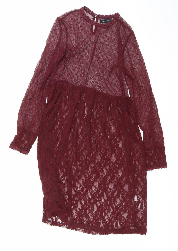 New Look Womens Purple Floral Nylon A-Line Size 8 Round Neck Button - Lace