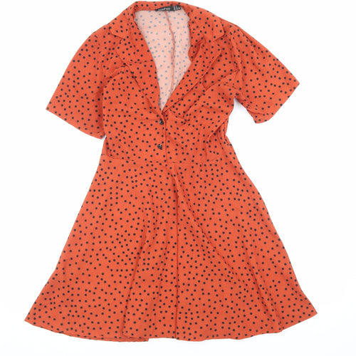 Boohoo Womens Orange Polka Dot Polyester Skater Dress Size 8 Collared Button