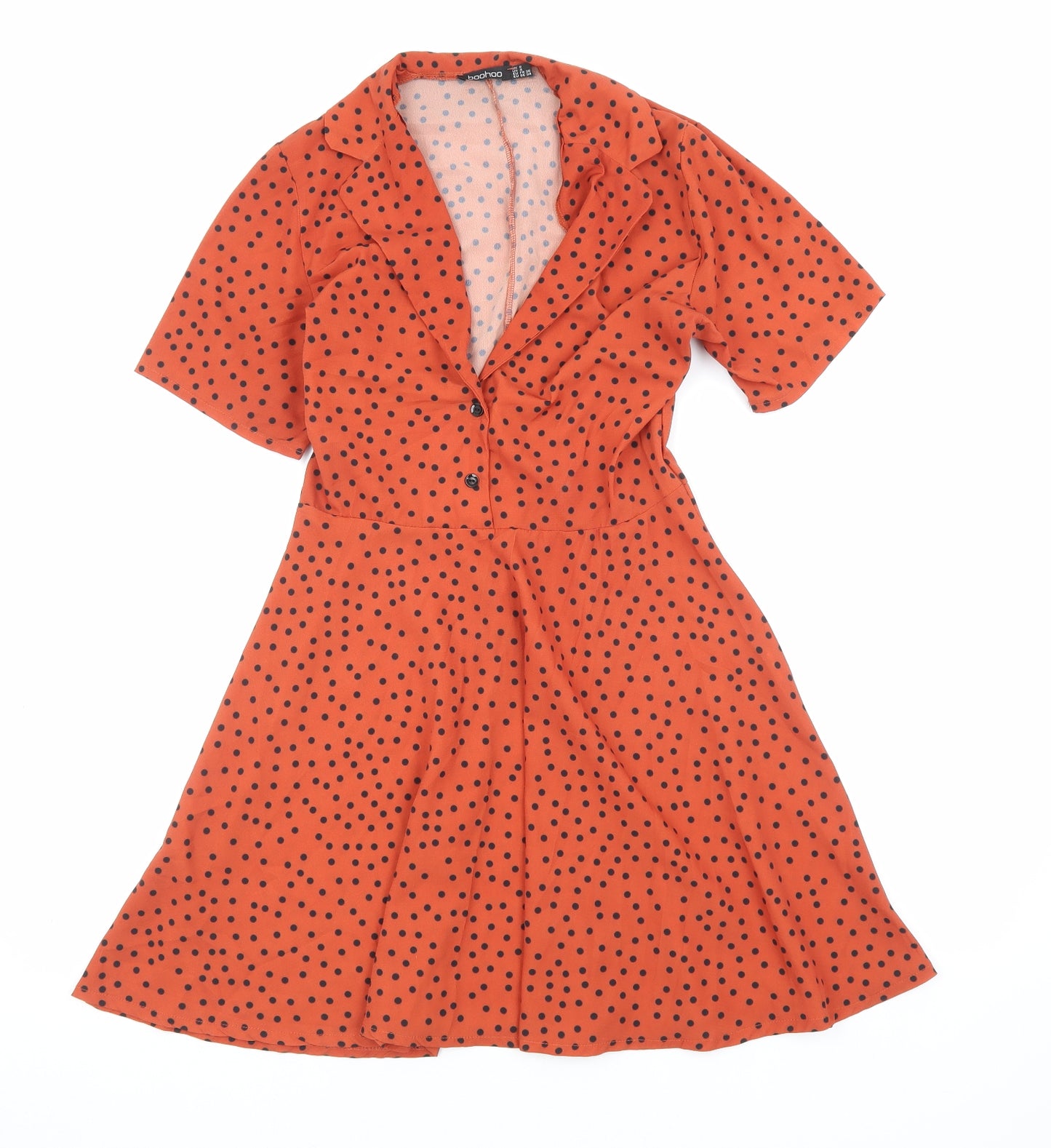 Boohoo Womens Orange Polka Dot Polyester Skater Dress Size 8 Collared Button