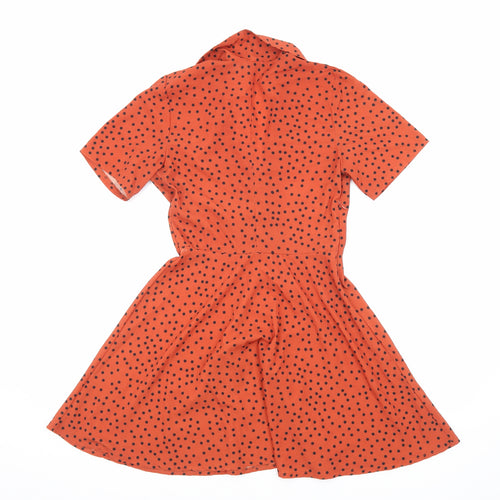 Boohoo Womens Orange Polka Dot Polyester Skater Dress Size 8 Collared Button