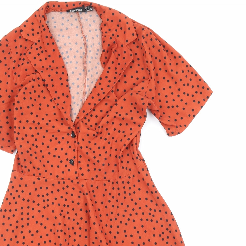 Boohoo Womens Orange Polka Dot Polyester Skater Dress Size 8 Collared Button
