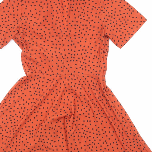 Boohoo Womens Orange Polka Dot Polyester Skater Dress Size 8 Collared Button