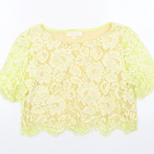 Erin Womens Yellow Floral Cotton Basic T-Shirt Size 6 Round Neck - Lace