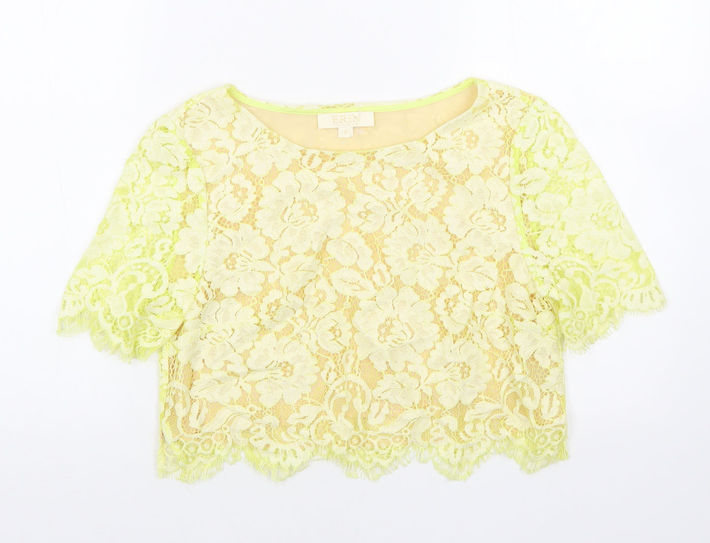 Erin Womens Yellow Floral Cotton Basic T-Shirt Size 6 Round Neck - Lace