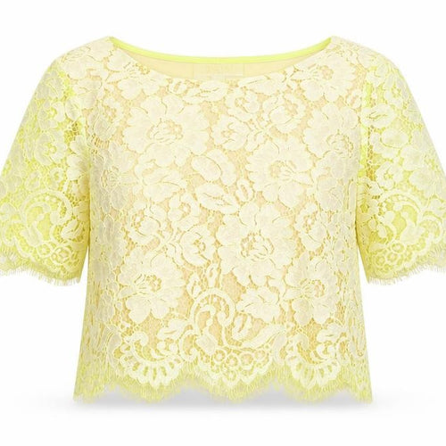 Erin Womens Yellow Floral Cotton Basic T-Shirt Size 6 Round Neck - Lace