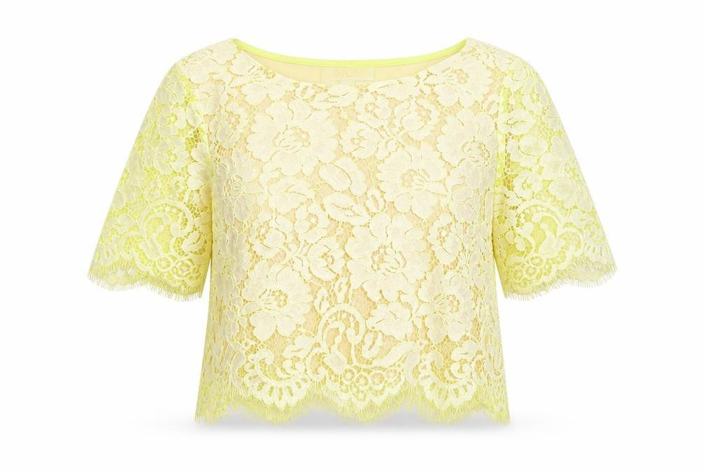 Erin Womens Yellow Floral Cotton Basic T-Shirt Size 6 Round Neck - Lace