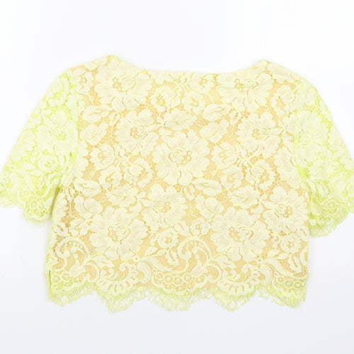 Erin Womens Yellow Floral Cotton Basic T-Shirt Size 6 Round Neck - Lace