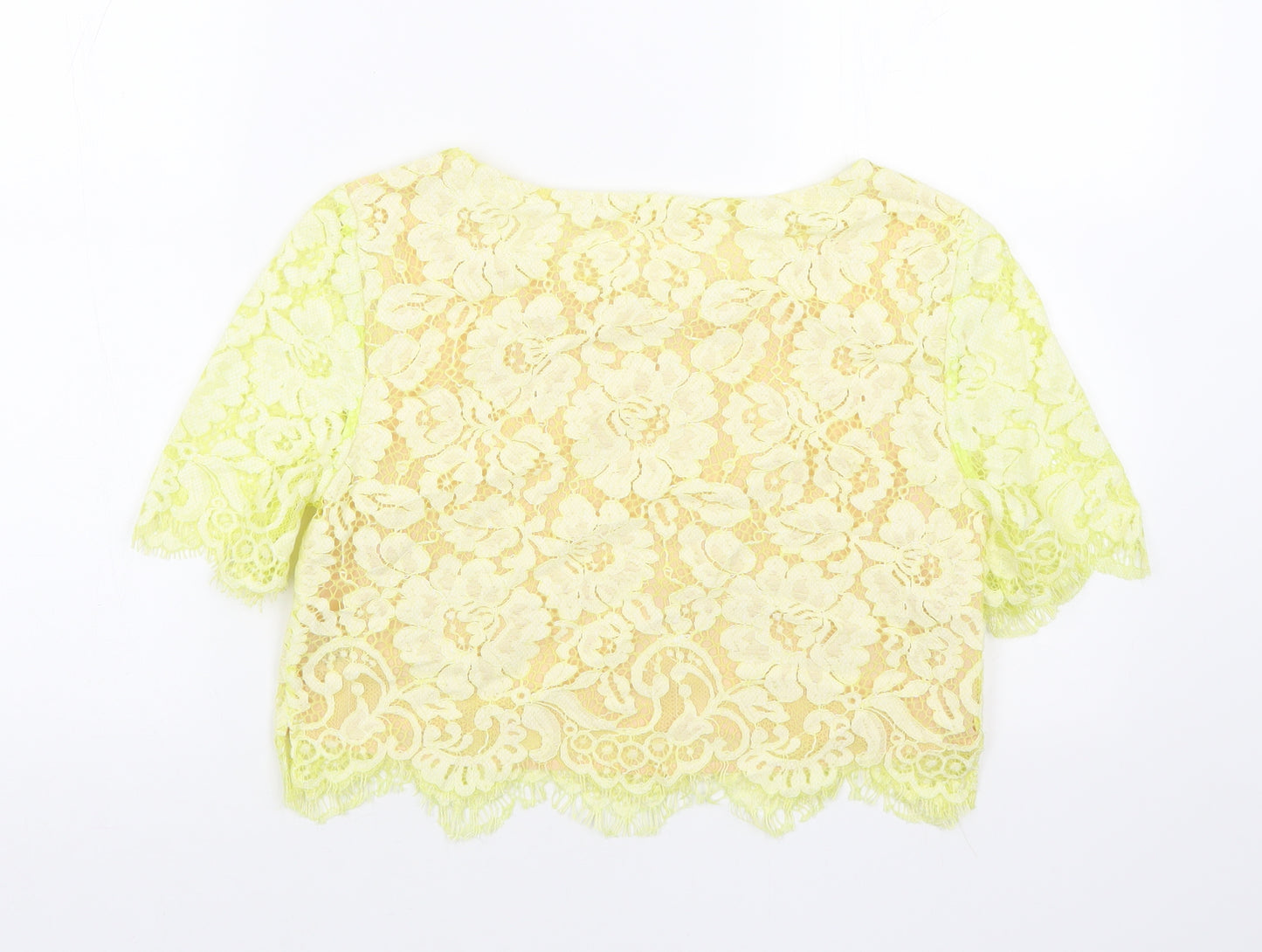 Erin Womens Yellow Floral Cotton Basic T-Shirt Size 6 Round Neck - Lace