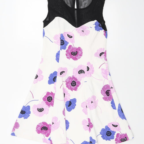 Miss Pretty World Womens White Floral Polyester Skater Dress Size 10 Round Neck Button
