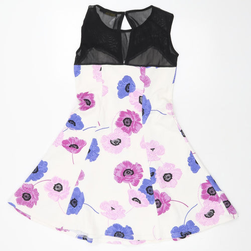 Miss Pretty World Womens White Floral Polyester Skater Dress Size 10 Round Neck Button