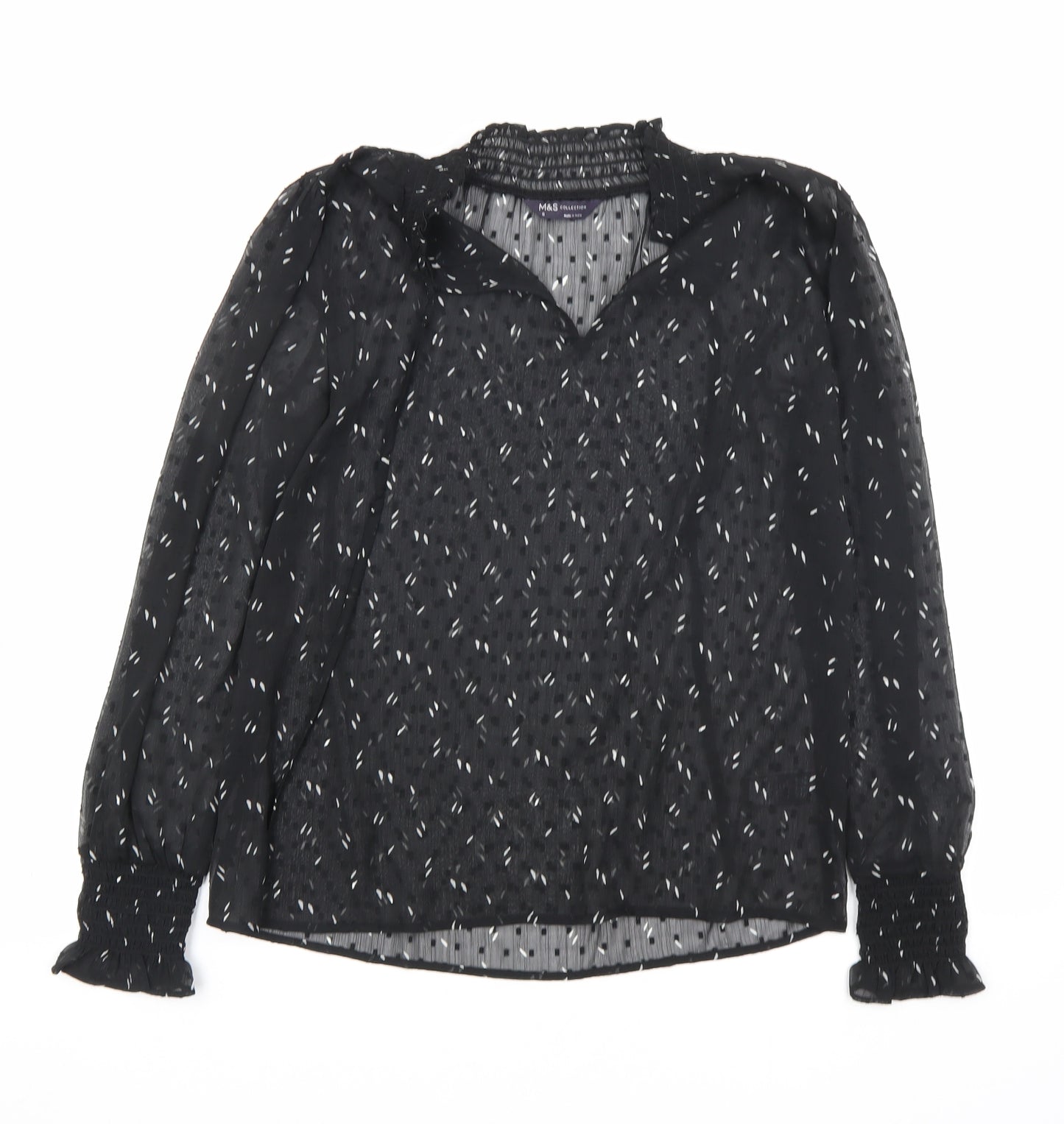Marks and Spencer Womens Black Geometric Polyester Basic Blouse Size 6 V-Neck
