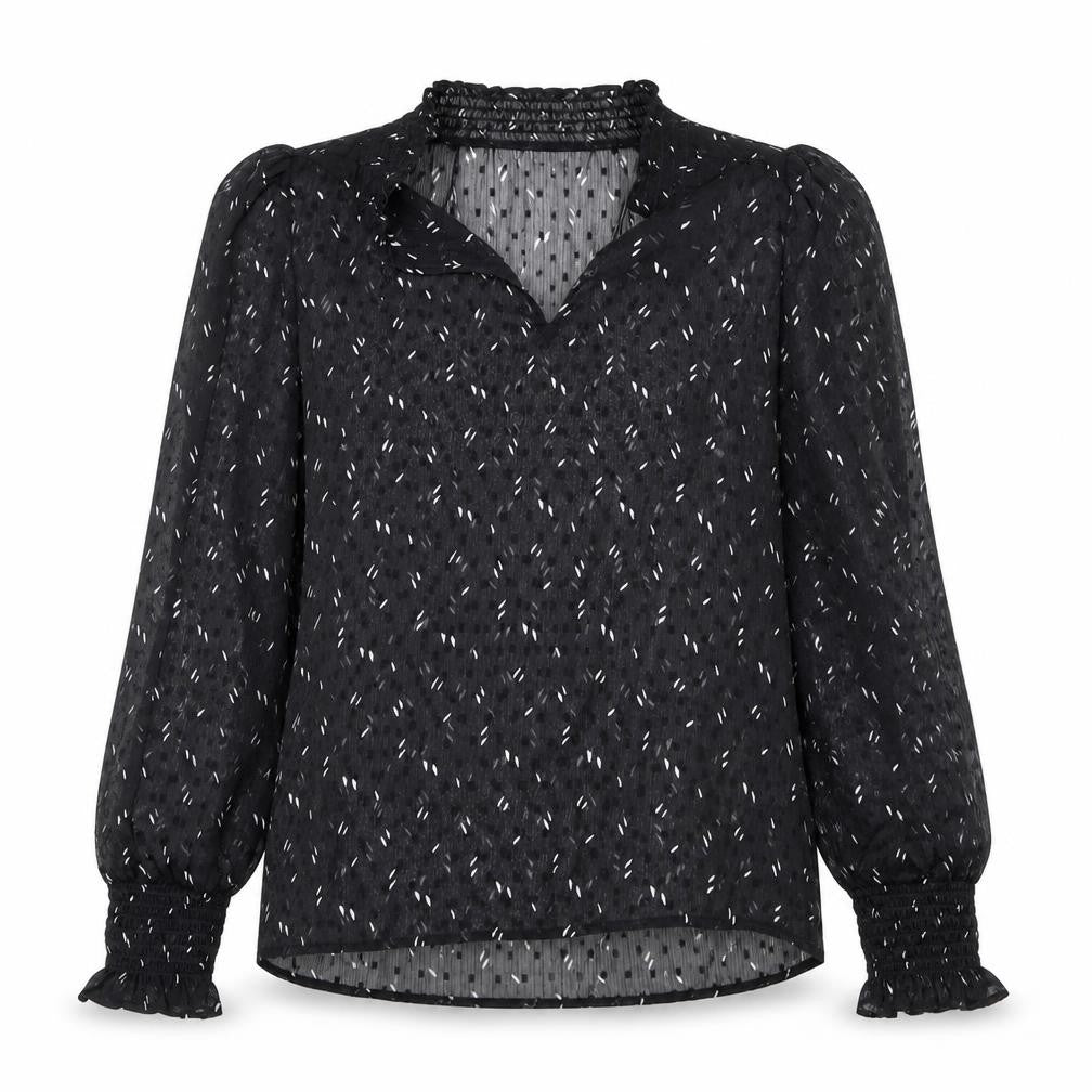 Front view of Marks & Spencer women’s black geometric polyester basic blouse, size UK 6, v-neck