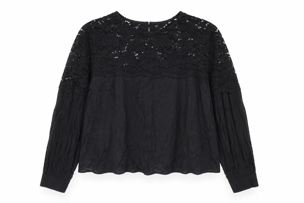 Front view of H&M women’s black geometric viscose basic t-shirt, size UK 10, round neck