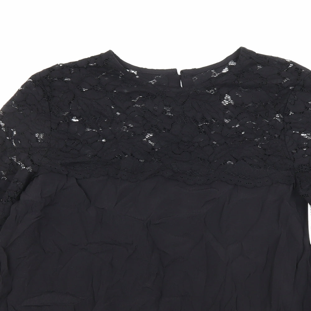 H&M Womens Black Geometric Viscose Basic T-Shirt Size 10 Round Neck