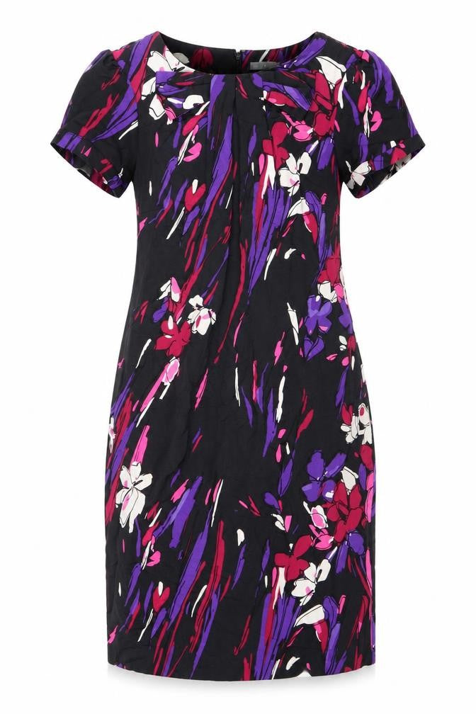 Front view of Marks & Spencer women’s black geometric polyester a-line, size UK 14, round neck zip