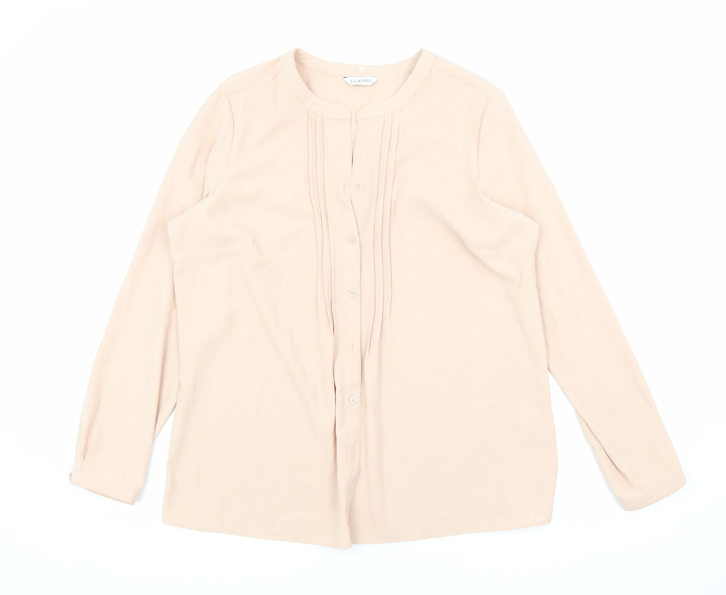 Classic Womens Pink Polyester Basic Button-Up Size 14 Round Neck