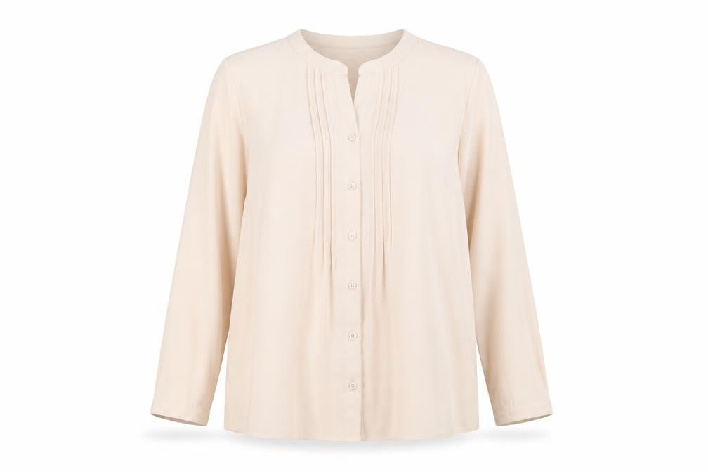 Front view of Classics women’s pink polyester basic button-up, size UK 14, round neck