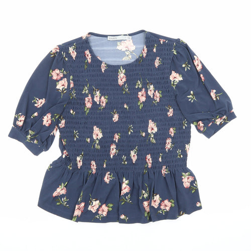 Oasis Womens Blue Floral Polyester Basic T-Shirt Size S Round Neck