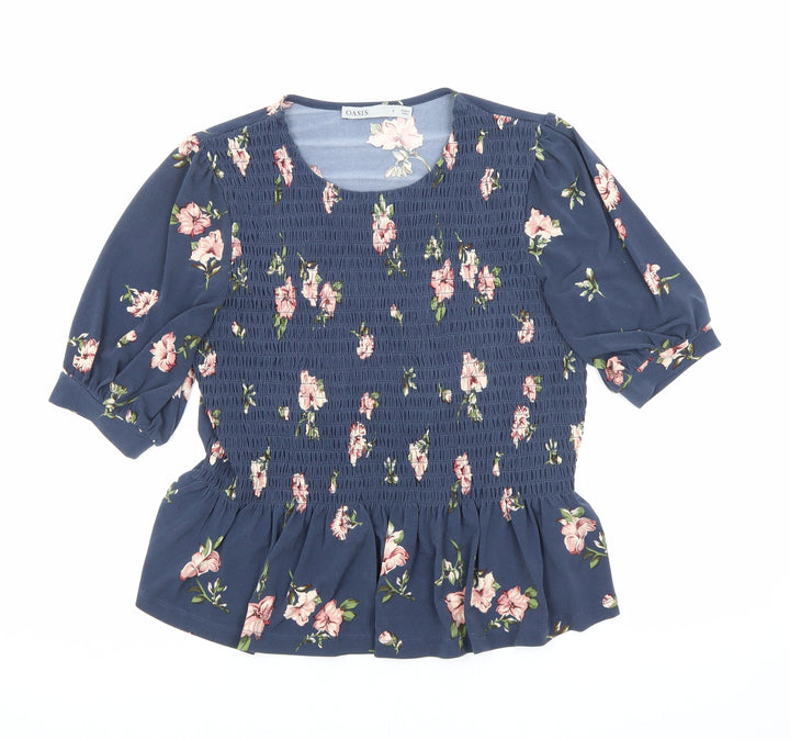 Oasis Womens Blue Floral Polyester Basic T-Shirt Size S Round Neck