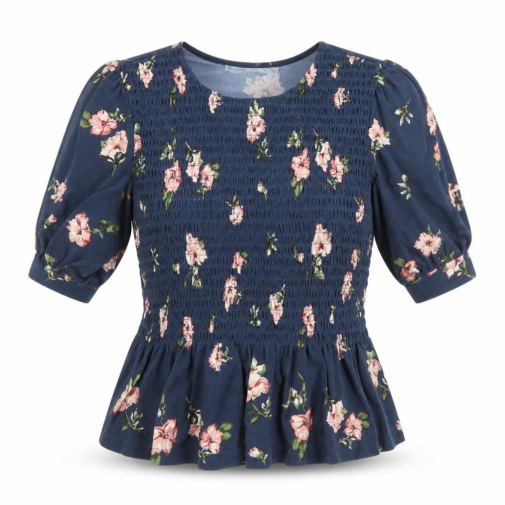 Front view of Oasis women’s blue floral polyester basic t-shirt, size S, round neck