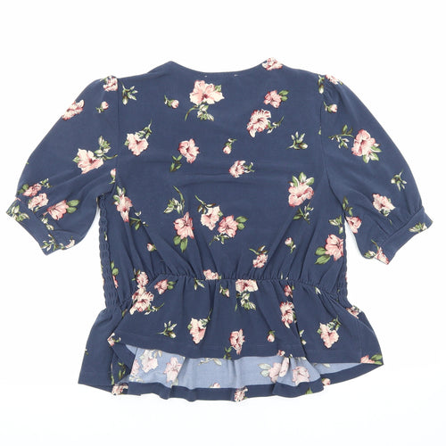 Oasis Womens Blue Floral Polyester Basic T-Shirt Size S Round Neck