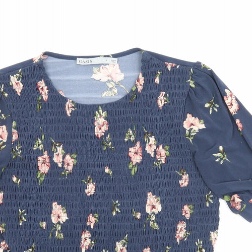 Oasis Womens Blue Floral Polyester Basic T-Shirt Size S Round Neck