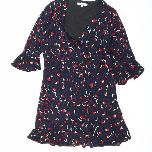 By Clara Womens Blue Animal Print Polyester A-Line Size M V-Neck Zip - Leopard print