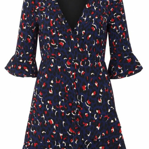 By Clara Womens Blue Animal Print Polyester A-Line Size M V-Neck Zip - Leopard print