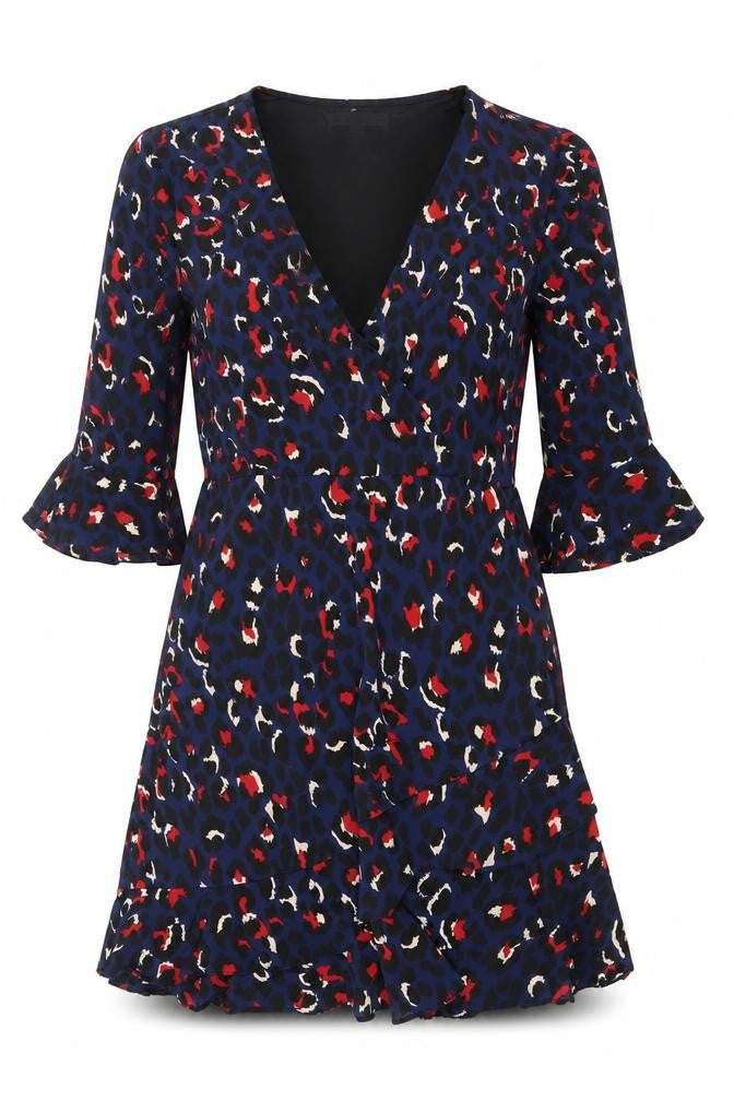 By Clara Womens Blue Animal Print Polyester A-Line Size M V-Neck Zip - Leopard print
