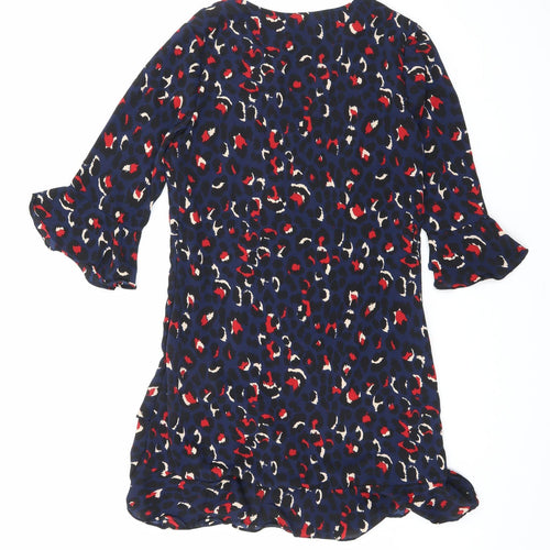 By Clara Womens Blue Animal Print Polyester A-Line Size M V-Neck Zip - Leopard print
