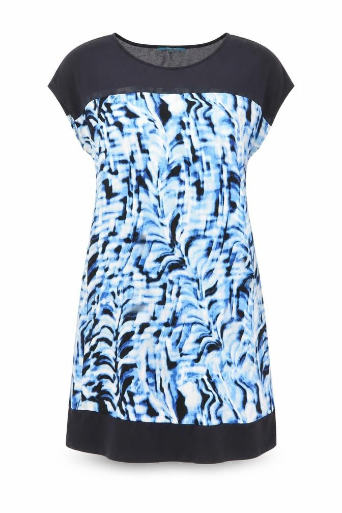 Front view of Next women’s blue geometric polyester a-line, size UK 12, round neck pullover