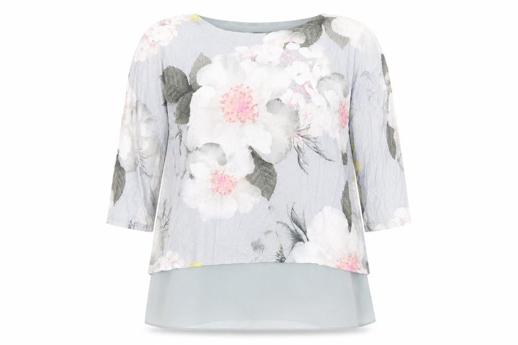 Front view of Phase Eight women’s grey floral polyester basic blouse, size UK 12, round neck