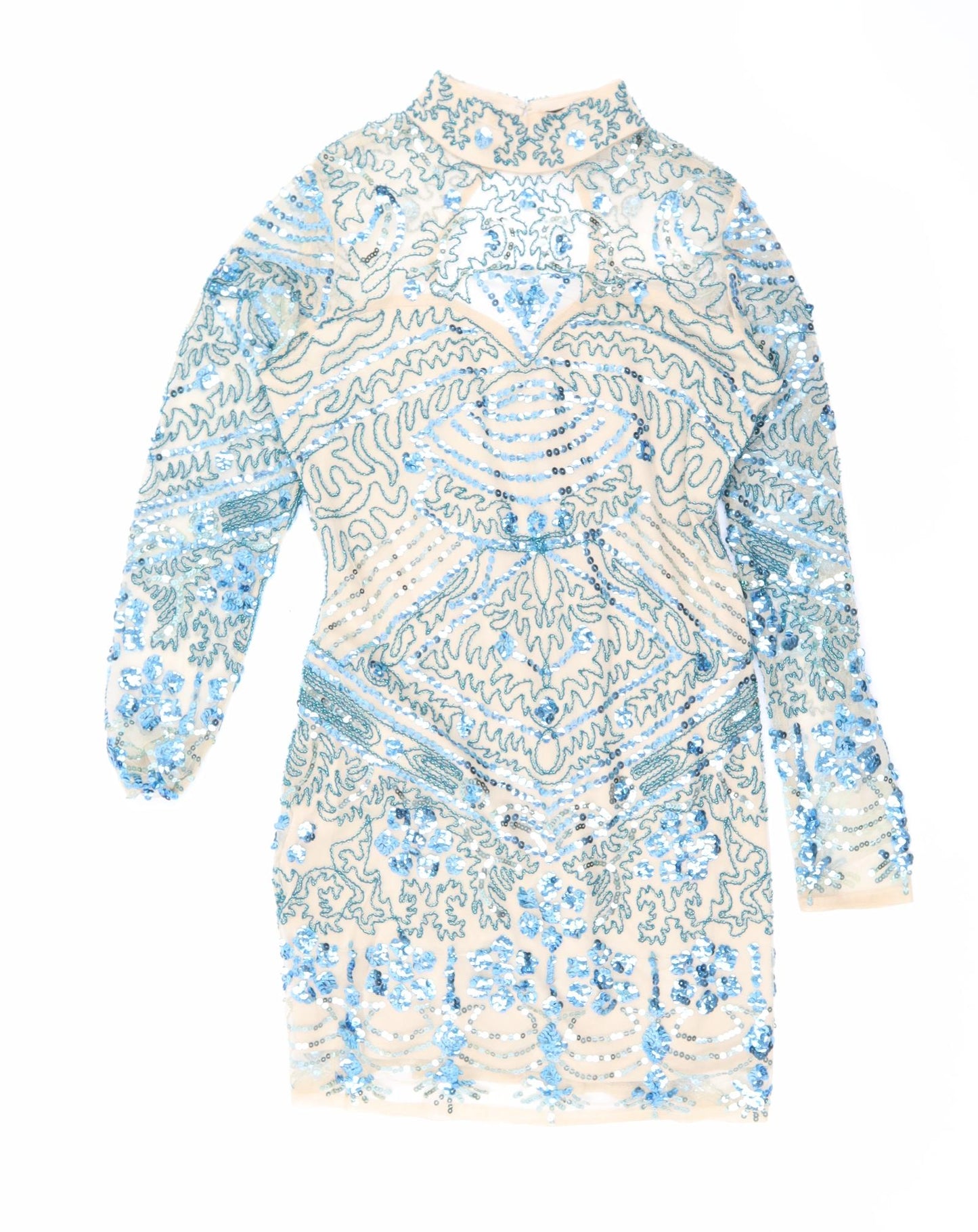 Boohoo Womens Blue Geometric Polyester Bodycon Size 14 Mock Neck Button - Sequins