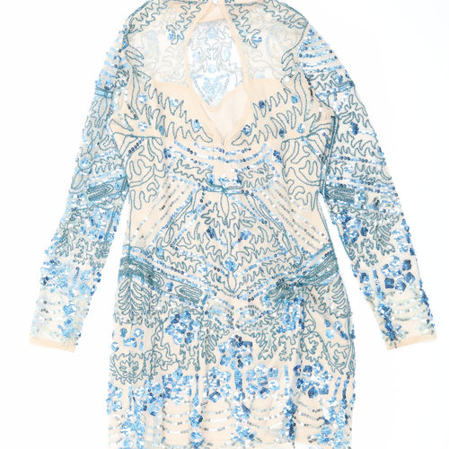 Boohoo Womens Blue Geometric Polyester Bodycon Size 14 Mock Neck Button - Sequins
