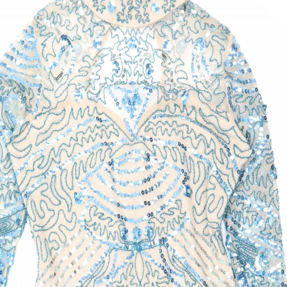 Boohoo Womens Blue Geometric Polyester Bodycon Size 14 Mock Neck Button - Sequins