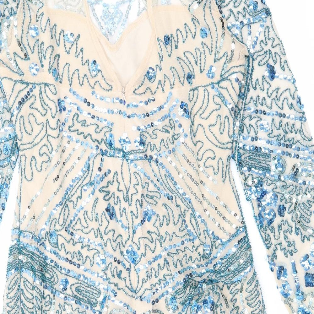 Boohoo Womens Blue Geometric Polyester Bodycon Size 14 Mock Neck Button - Sequins