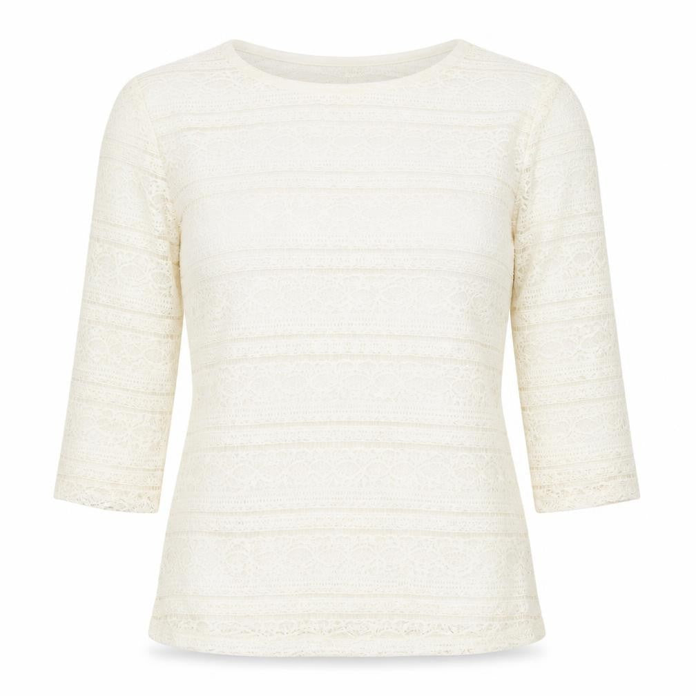Front view of River Island women’s ivory geometric polyamide basic blouse, size UK 10, round neck - lace