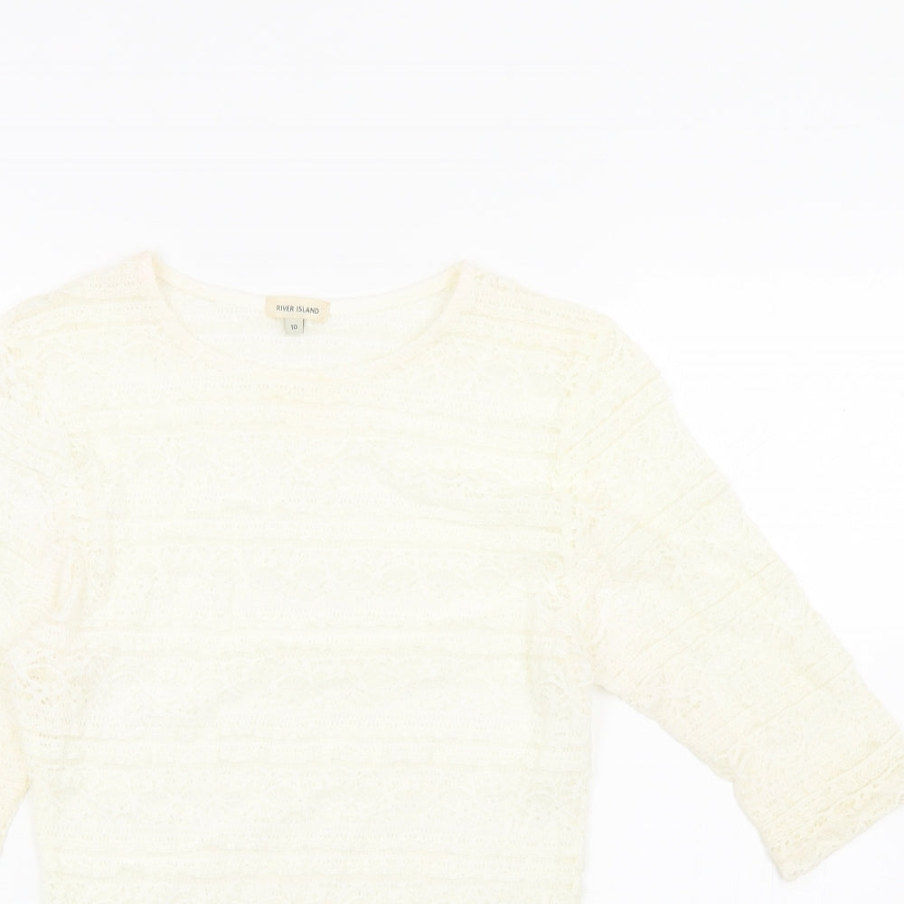 River Island Womens Ivory Geometric Polyamide Basic Blouse Size 10 Round Neck - Lace