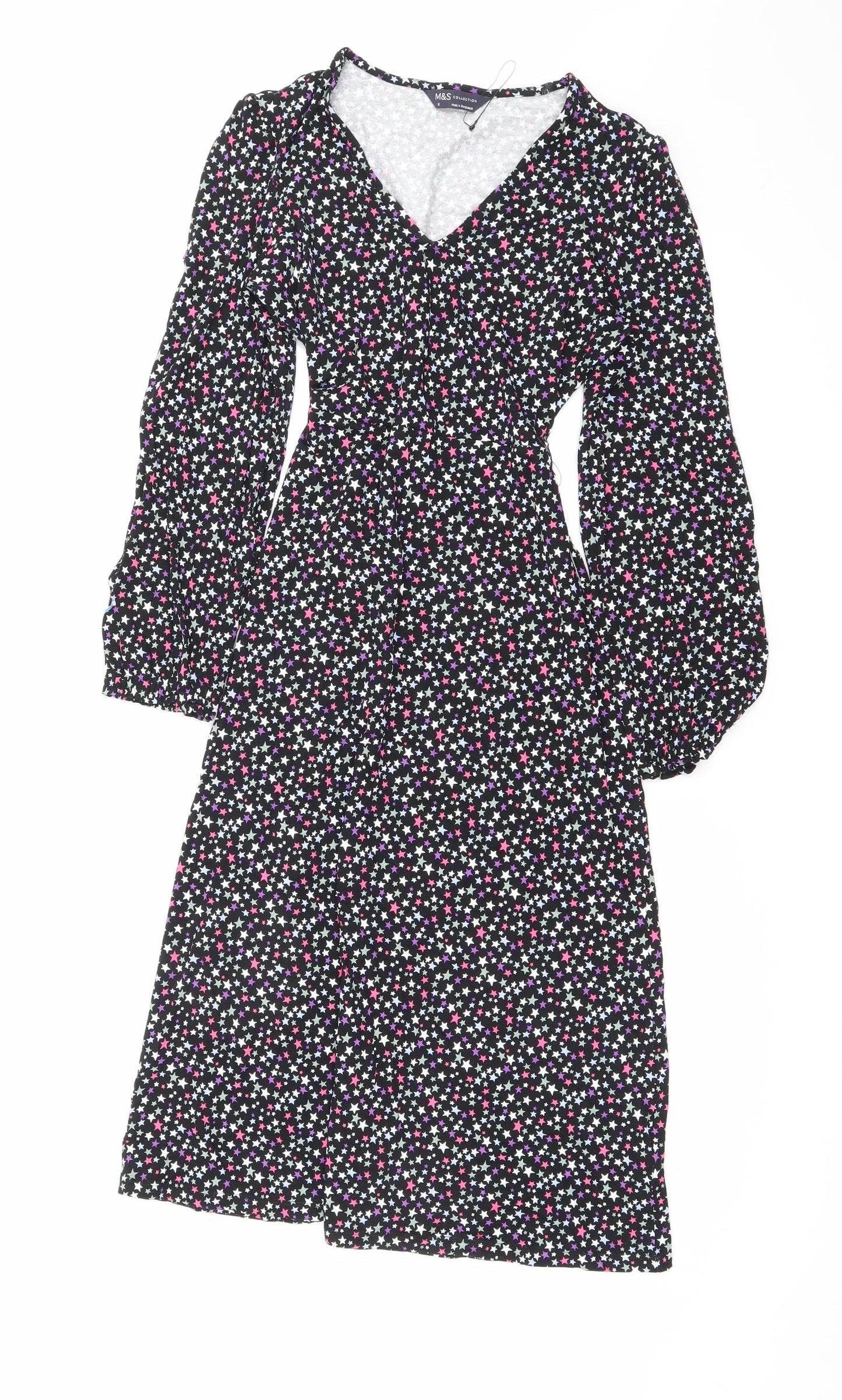 Marks and Spencer Womens Black Geometric Viscose A-Line Size 8 V-Neck Tie